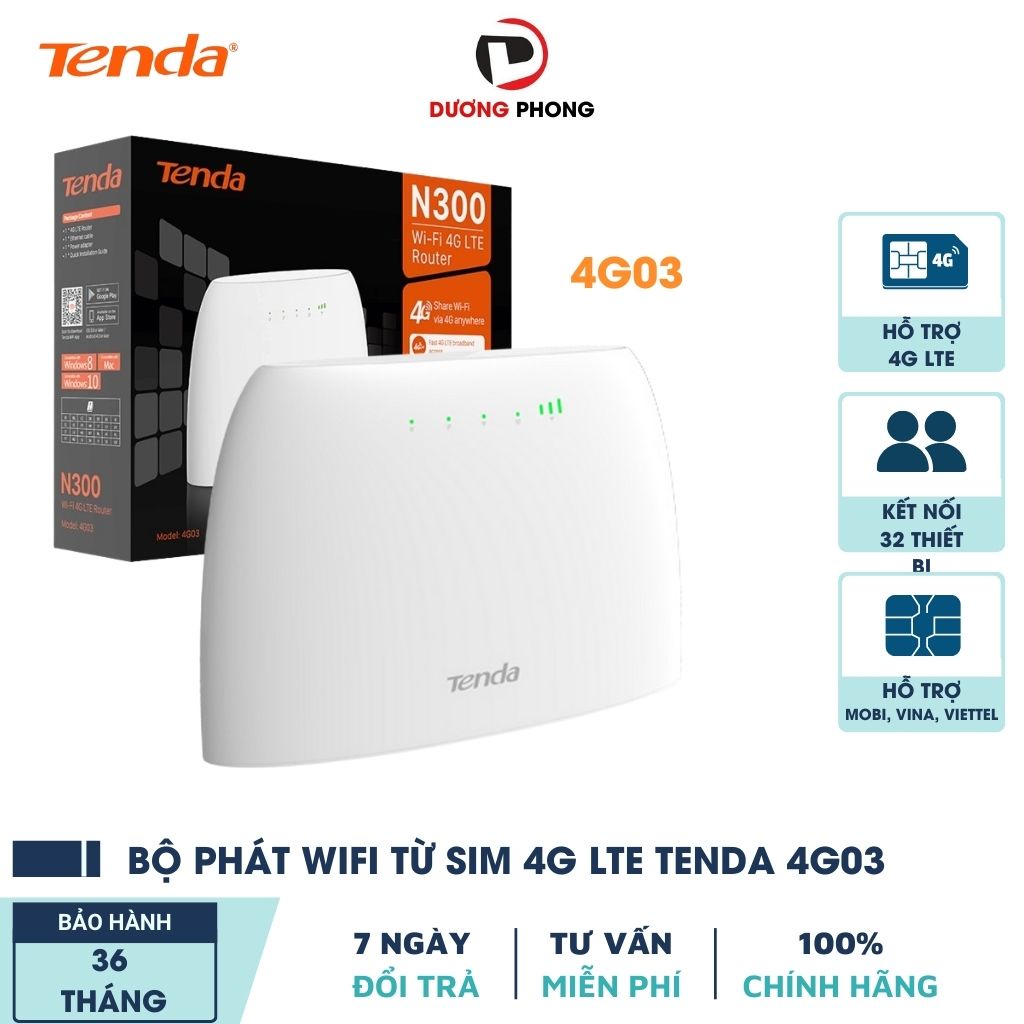 Bộ phát wifi 4G Tenda 4G03 dùng sim 4G LTE chuẩn N300Mbps Kết nối 32 thiết bị, lắp đặt camera, ô tô, xe khách