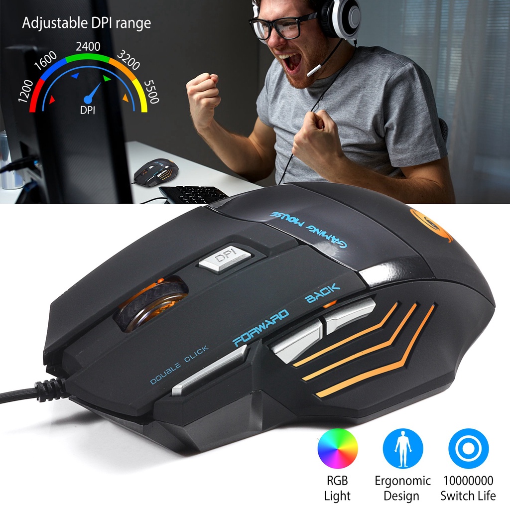 Chuột Quang Chơi Game Có Dây 7 Nút Có Thể Thay Đổi 7 Màu 5 DPI Và 5500 DPI Dùng Để Chơi Game