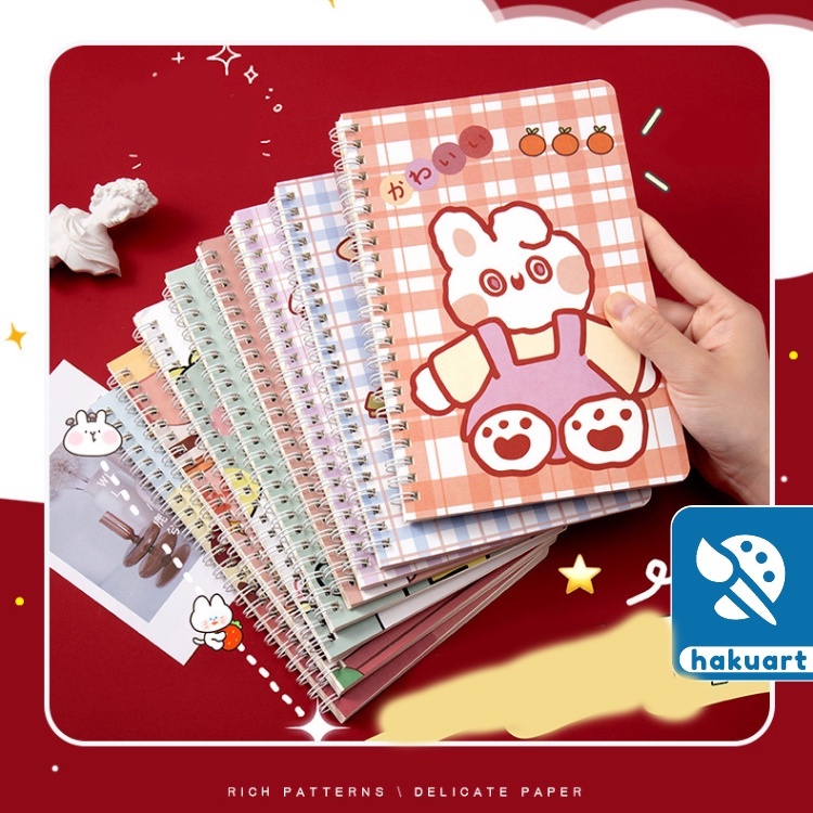 Sổ lò xo A5 Bìa hoạt hình cute 120 trang giấy kẻ dòng màu kem bo góc - Văn phòng phẩm Hakuart