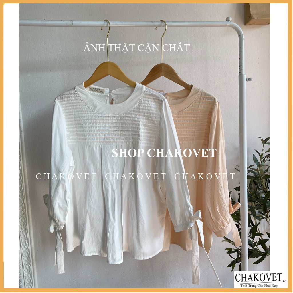 Áo sơ mi nữ tay lỡ trắng be CKA874, kiểu áo nữ thiết kế tay phồng thắt nơ cổ tròn xếp ly thời trang hàn quốc sang trọng | BigBuy360 - bigbuy360.vn