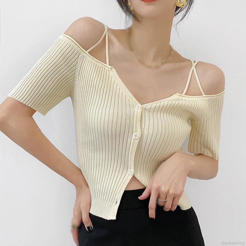 Áo Croptop Dệt Kim Trễ Vai Tay Ngắn Thiết Kế Quyến Rũ Cho Phái Nữ