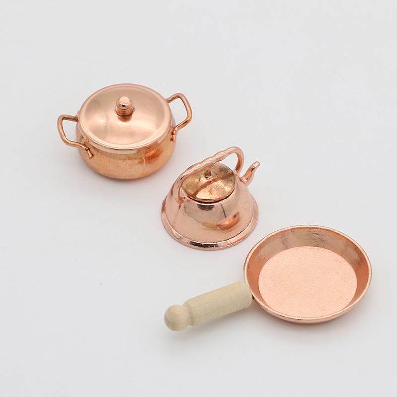 [superhomestore]1:12 Dollhouse miniature bronze frying pan pot kettle cooking kit