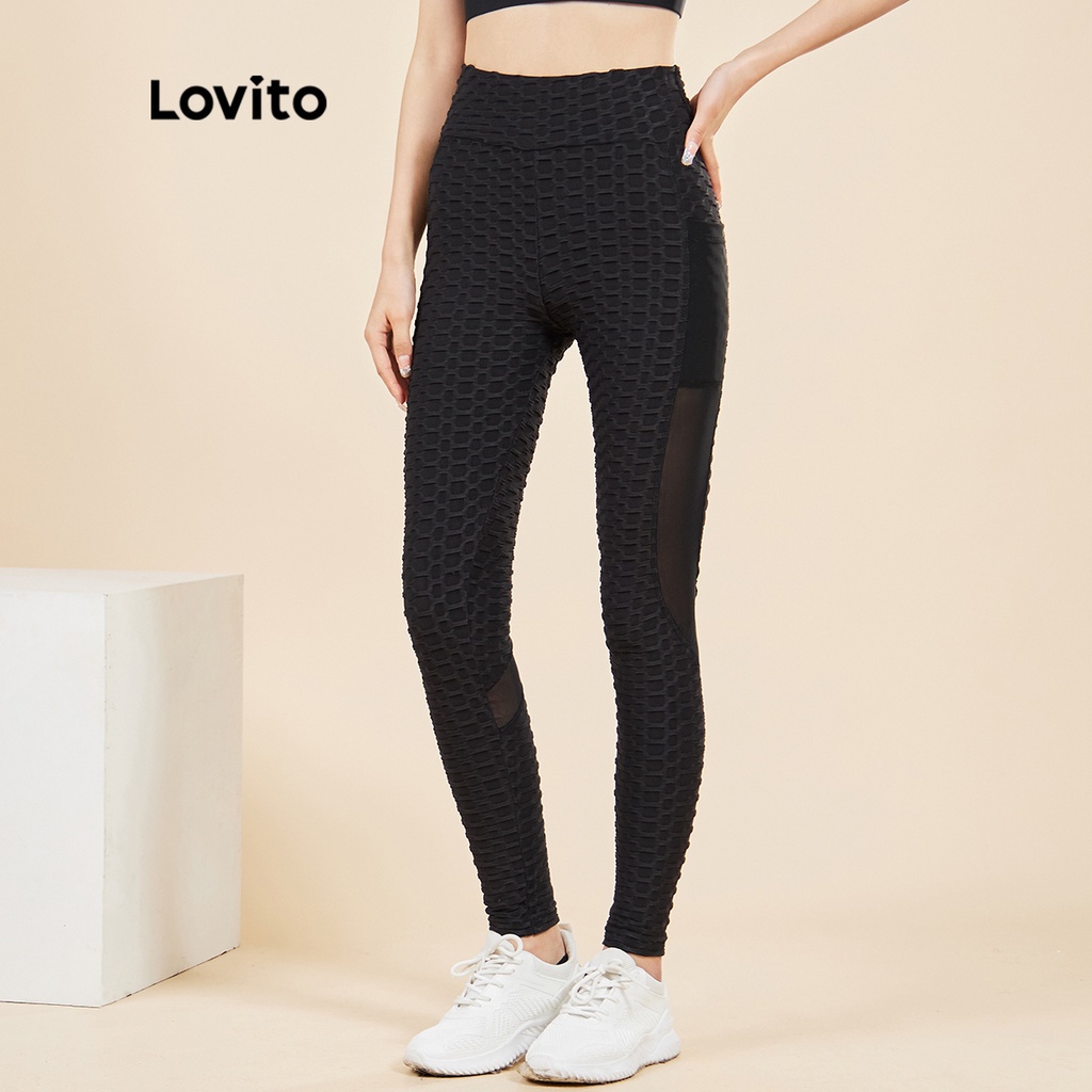 Quần legging Lovito màu trơn kết cấu lưới tương phản phong cách thể thao L15X239 (Màu đen)