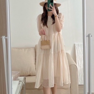 Váy babydoll suông dài, đầm nữ cộc tay phom rộng họa tiết chấm bi 2 lớp freesize tiểu thư hàn quốc Ylydress C1031