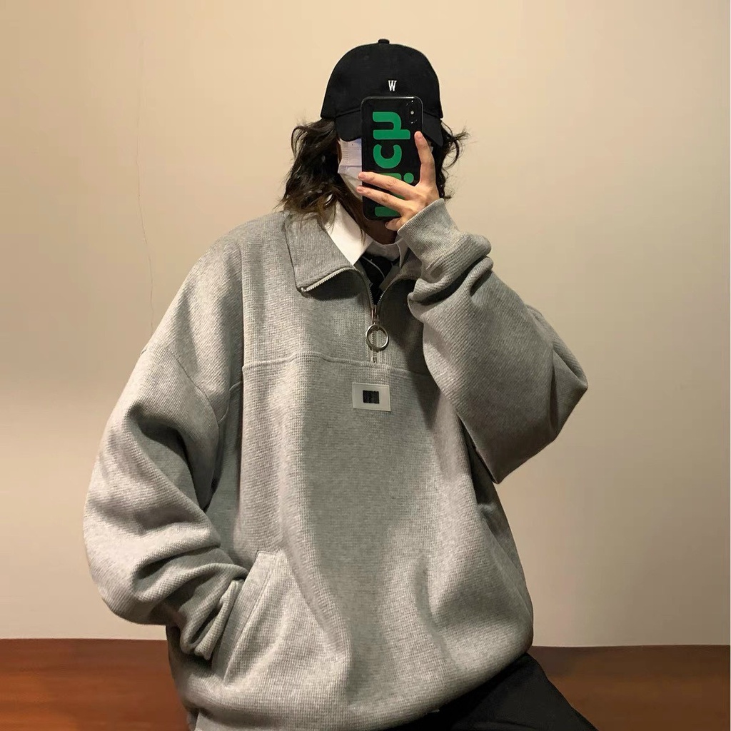 Áo Polo Tag Trơn Khóa Khuyên  Unisex  Sweater cao cổ zip form rộng tay bồng kiểu dáng đường phố hàn quốc