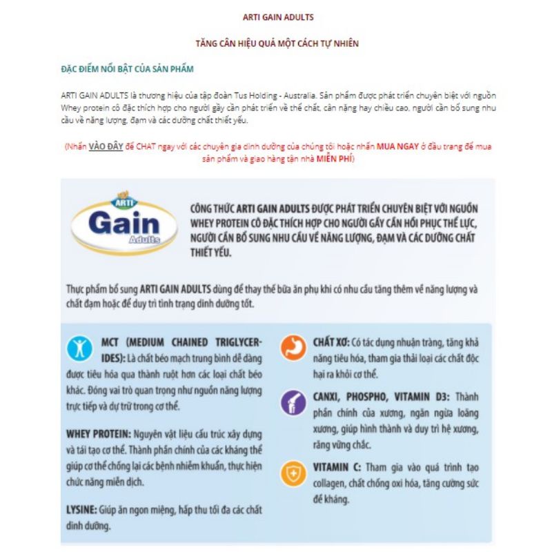 Sữa bột dành cho người gầy Arti Gain Adults 900g