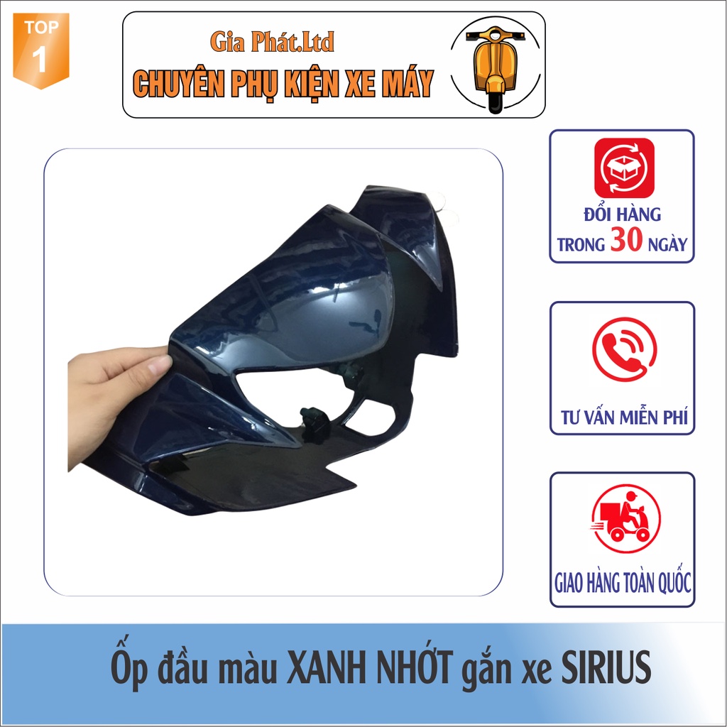 Bộ ốp đầu màu XANH NHỚT gắn xe SIRIUS đầy đủ Ốp đầu trước, Gáy sau và Pha đèn kèm bóng