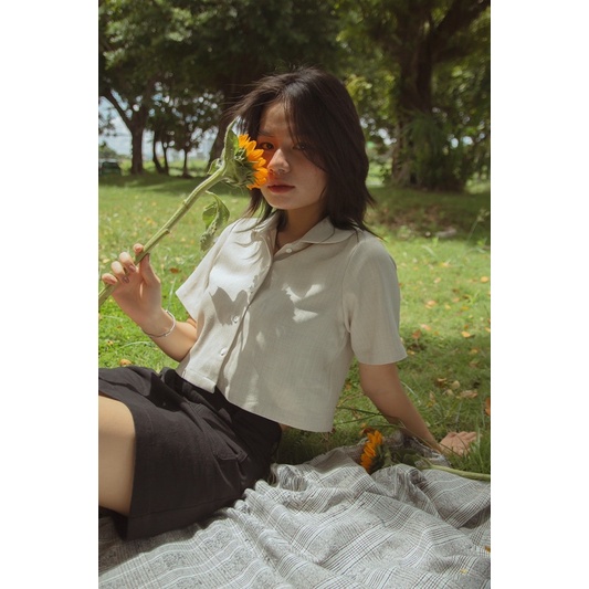 A crop cổ sen vải sọc 1105, kem - A20489
