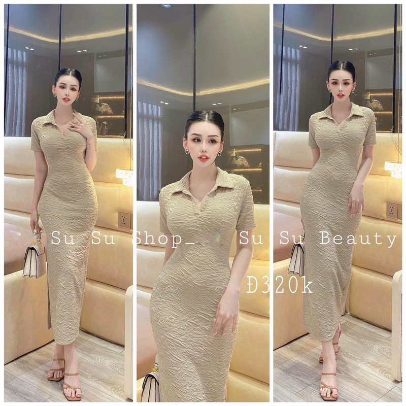 Đầm xốp cổ bẻ tay ngắn hở lưng