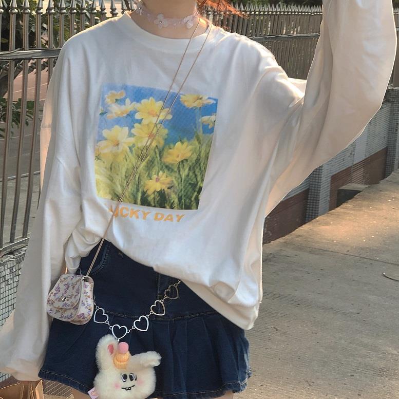 Mới Áo Thun Tay Dài Dáng Rộng In Hình Tranh Sơn Dầu Độc Đáo Hợp Thời Trang