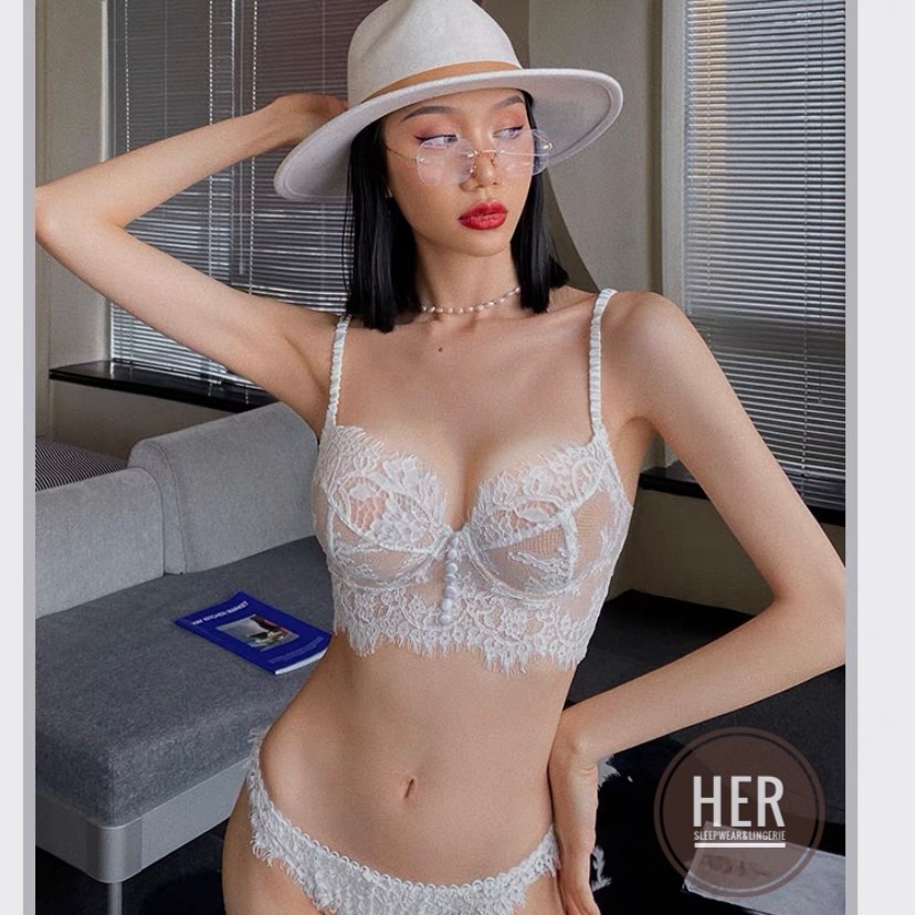 Áo bralette có gọng không mút nâng ngực cúc giữa ren mềm sexy màu trắng BR01 - Her Sleepwear