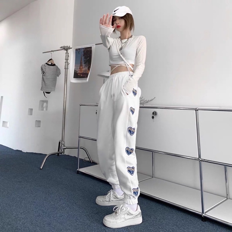 Quần jogger tim xanh UnisexFREESHIPChất nỉ ép ngoại dầy đẹp, from ống rộng, chun ống