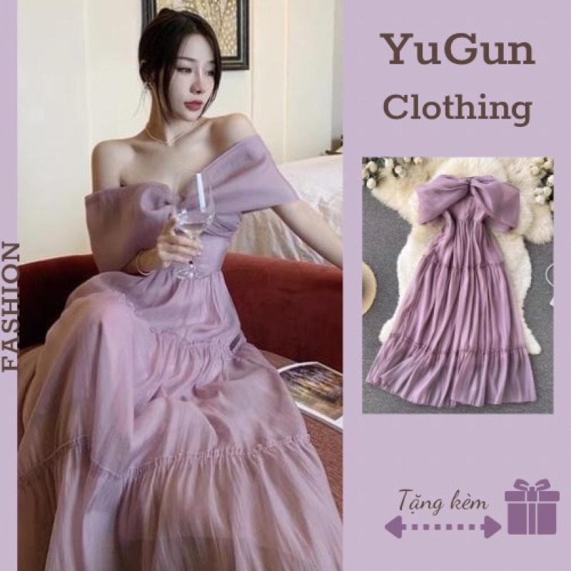 Đầm maxi tím chất voan 2 lớp nơ bản to Váy xoè trễ vai dáng dài thiết kế sang trọng Kèm Hình Thật Đầm đi du lịch