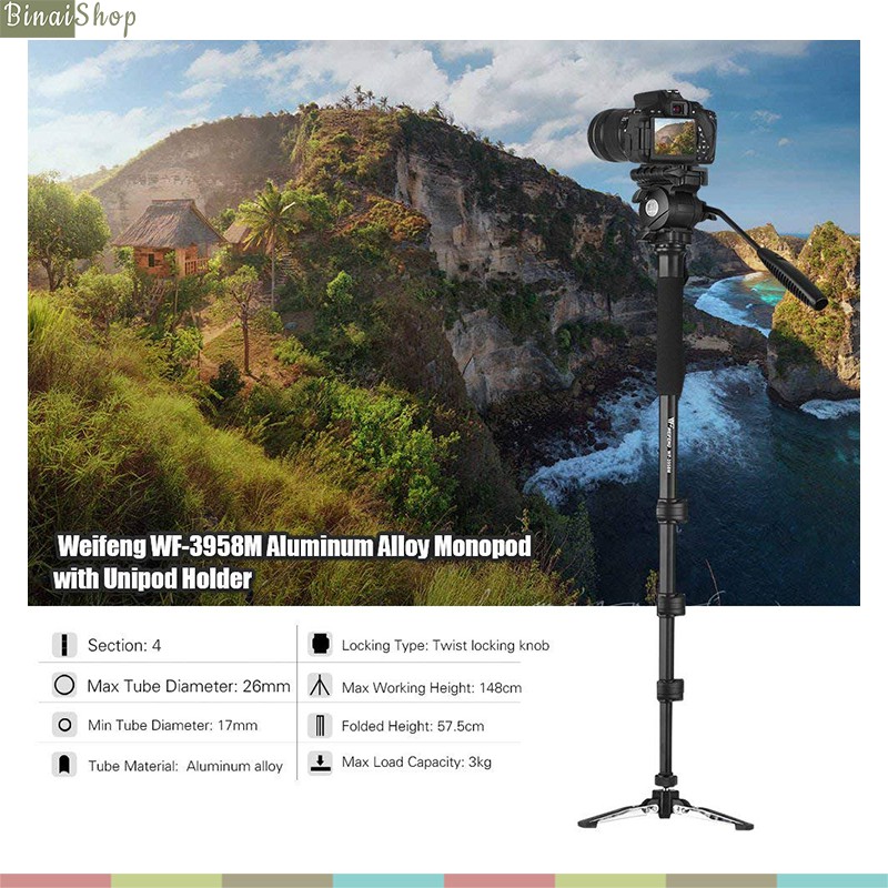 Weifeng WF 3958M - Monopod Hợp Kim Nhôm Cho Máy Ảnh, Máy Quay, Điện Thoại, Có Chân Đế Tripod Phụ