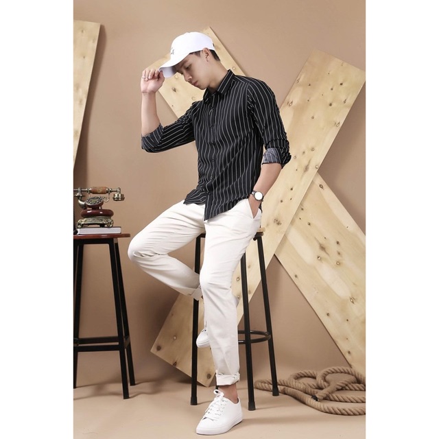 Áo sơ mi nam trắng sọc đen Stripes basic