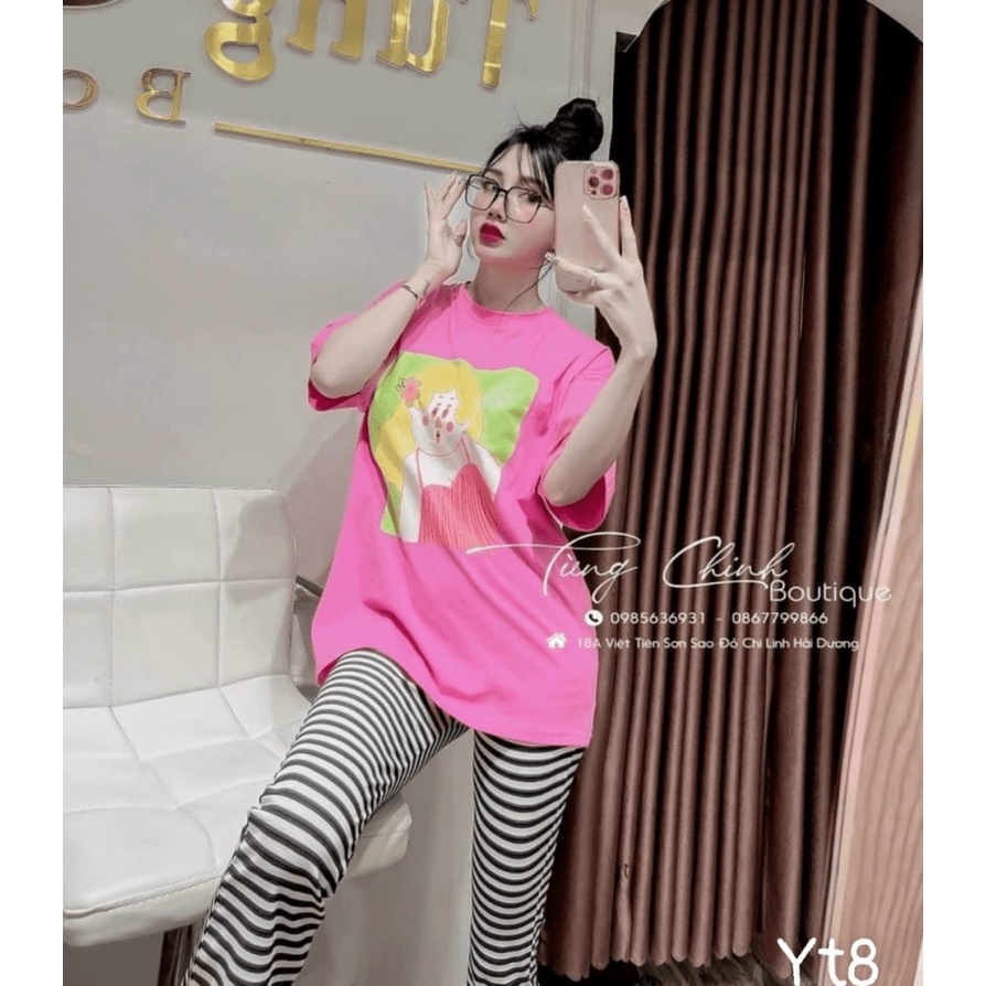 (Free ship) Xả Lỗ Cho Chị Em Sét Cotton Áo Thun In Hình Bé Gái Cute + Quần Ống Rộng Kẻ Sọc Ngang Cực Hot UP VLTN Shop