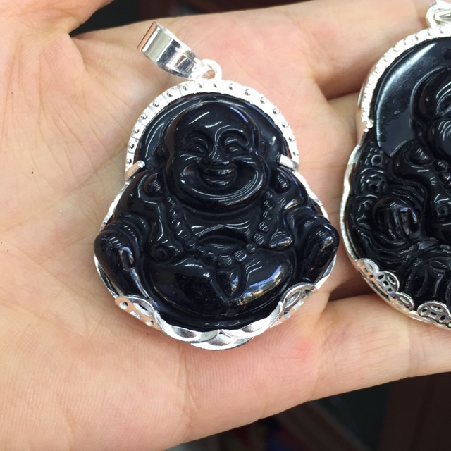 Mặt dây chuyền phật di lạc đá nhân tạo đen đỏ, bạc ta