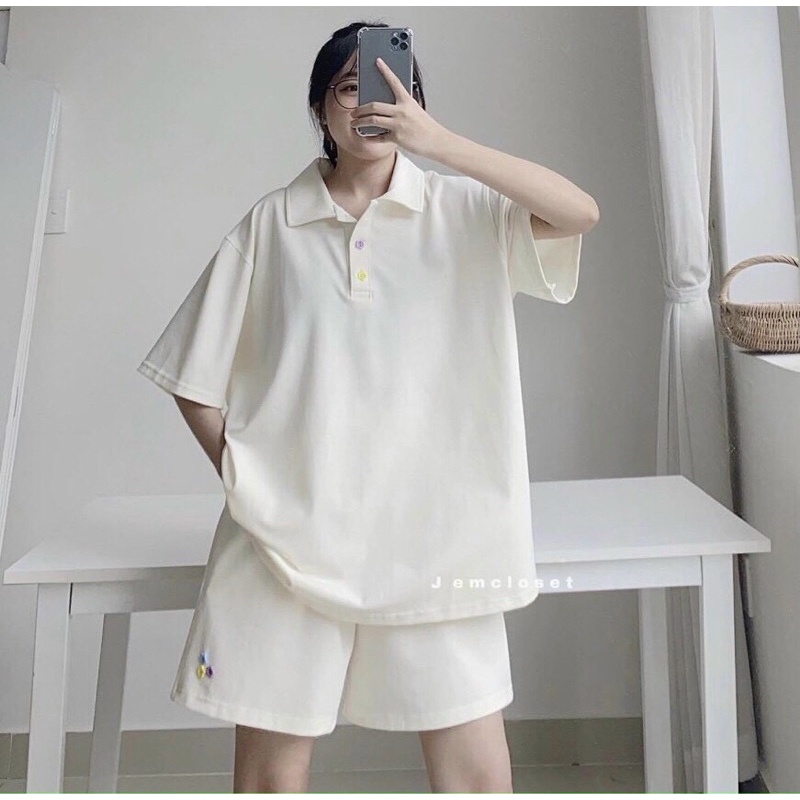 Bộ polo uzzang gồm áo polo kèm quần short tay lỡ chất cotton tăm dày dặn