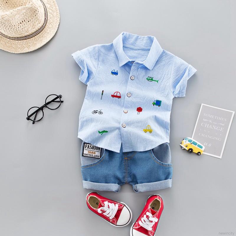 Bộ áo sơ mi cotton ngắn tay in hình ô tô hoạt hình và quần short cho bé trai