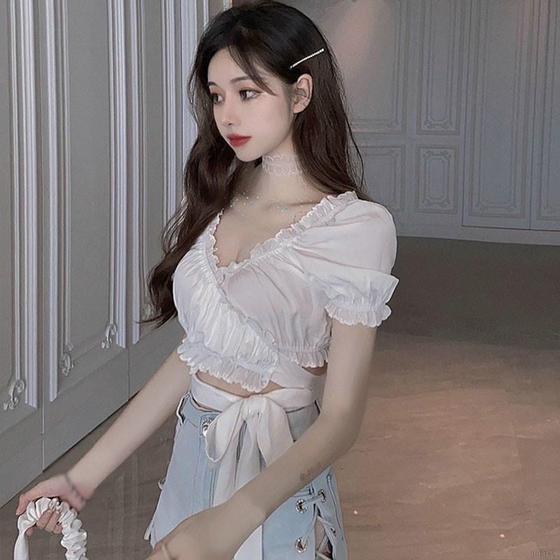 áo croptop ngắn tay voan tơ phối bèo cột nơ eo nữ tính dễ thương alohashop91