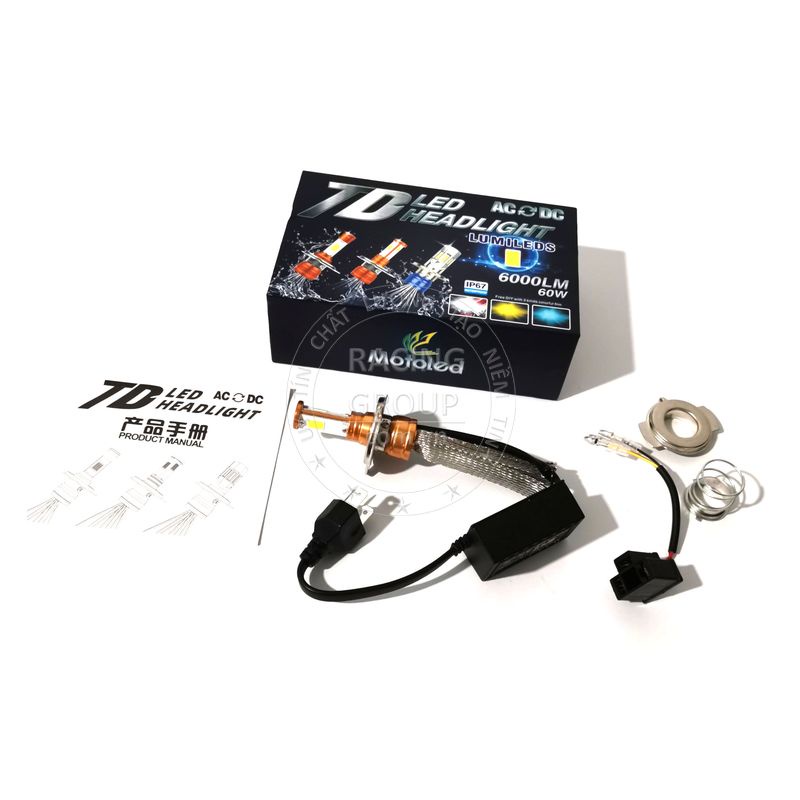 Đèn pha led xe máy Motoled 2in1 chân T19 H4 có râu tản nhiệt 6000 lumen siêu sáng