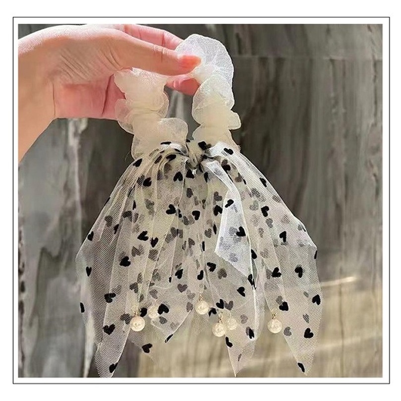 Dây Cột Tóc Vải Lưới Họa Tiết Chấm Bi Phối Tua Rua Và Ngọc Trai Xinh Xắn