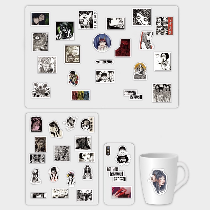 Set 100/50 Nhãn Dán Họa Tiết Truyện Tranh Kinh Dị Nhật Bản Màu Trắng Đen Trang Trí Hành Lý/ Ván Trượt/ Laptop
