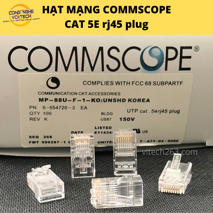 Combo hộp 100 hạt mạng COMMSCOPE CAT 5E rj45 plug-Chân đồng chống OXY hóa-Hàng chính hãng 100%