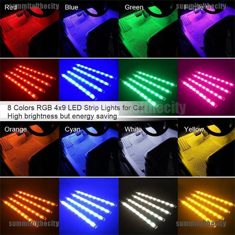Set 4 Dải Đèn 9LED RGB TRANG Trí Nội Thất Xe Ô Tô Kèm Cáp Sạc USB Tiện Dụng