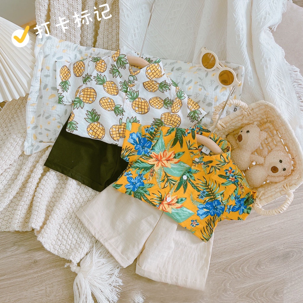 Bộ đi biển bé trai chất đũi cổ trụ in hoa lá mặc mùa hè cho bé trai Moon kids fashion