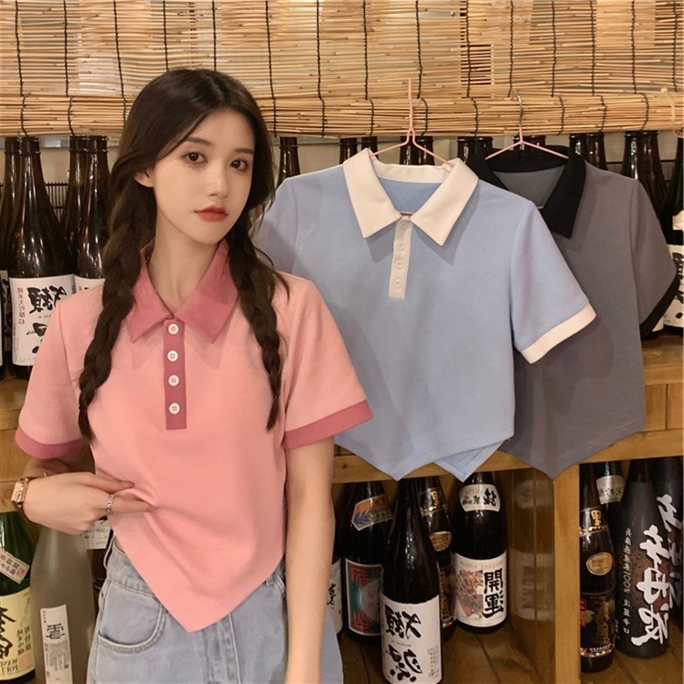 Áo thun lửng ZHELIHANGFEI cổ polo tay ngắn kiểu lệch tà cá tính thời trang dành cho nữ