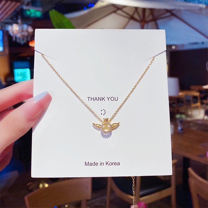 XiaoboACC Dây chuyền thép titan mặt kiểu đôi cánh đính đá zircon thời trang cho nữ