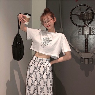 (freeship đơn 99k) ÁO CROPTOP RỘNG TAY LỠ KIỂU DÁNG ÁO CROPTOP IN MẠNG NHỆN 2 MÀU ĐEN/TRẮNG CHẤT ĐẸP GIÁ RẺ