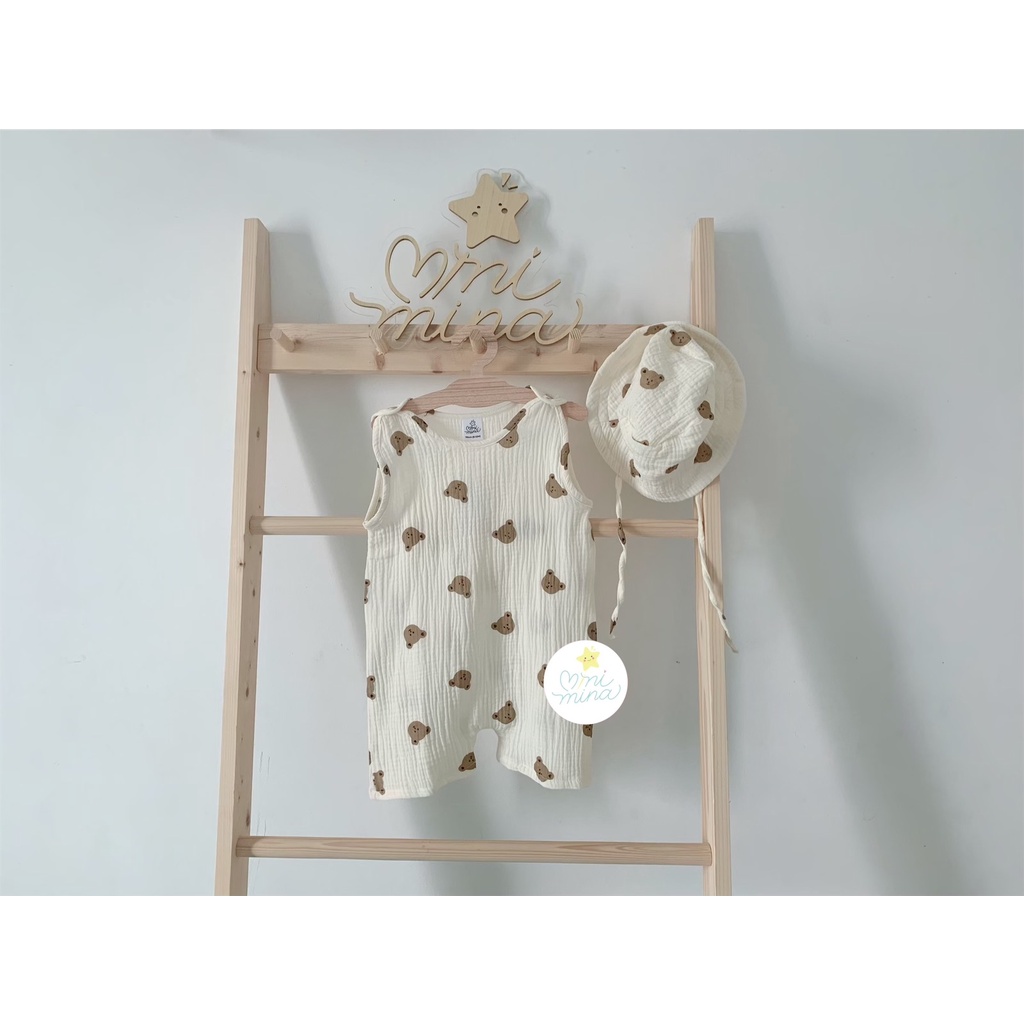 Body kèm mũ hình gấu xô muslin mềm mát, cho bé từ 6 tháng đến 5 tuổi - Hình thật