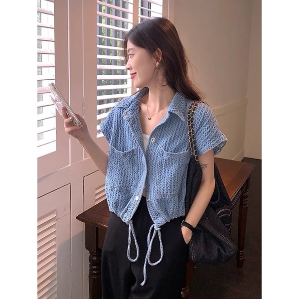 Áo jeans croptop dây rút