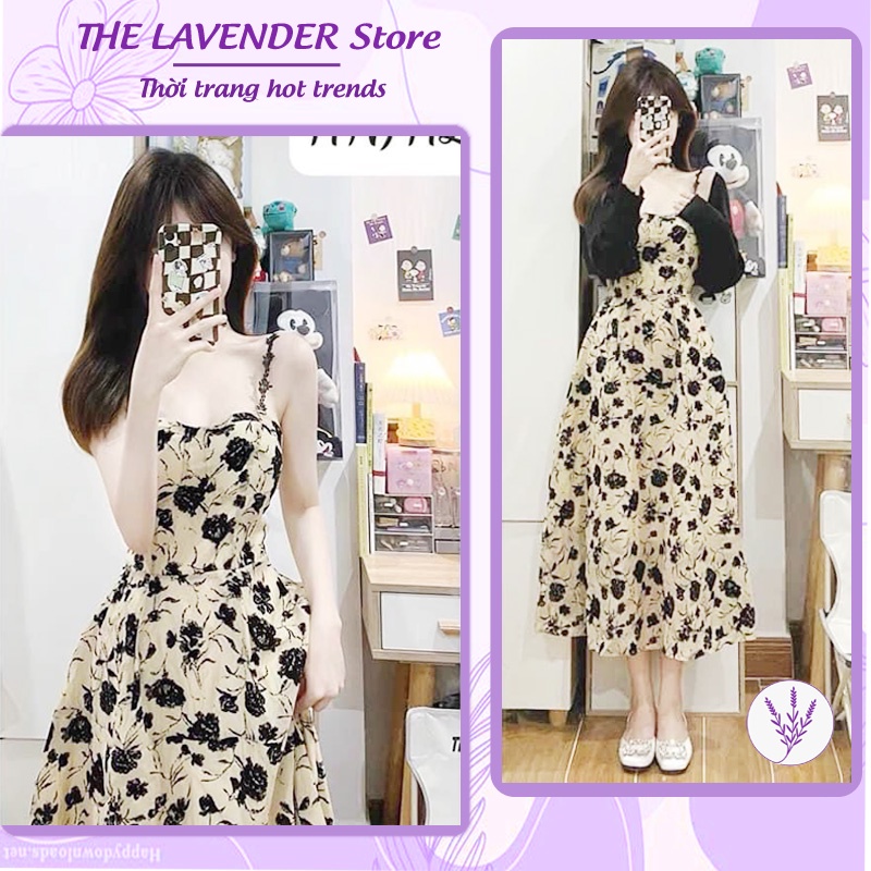 Đầm 2 Dây Hoa Hồng Đen Có Mút Ngực Mix Áo Cardigan Khoác Ngoài Đen/Choker kèm ảnh thật, Đầm hoa nhí hot nhất TQ