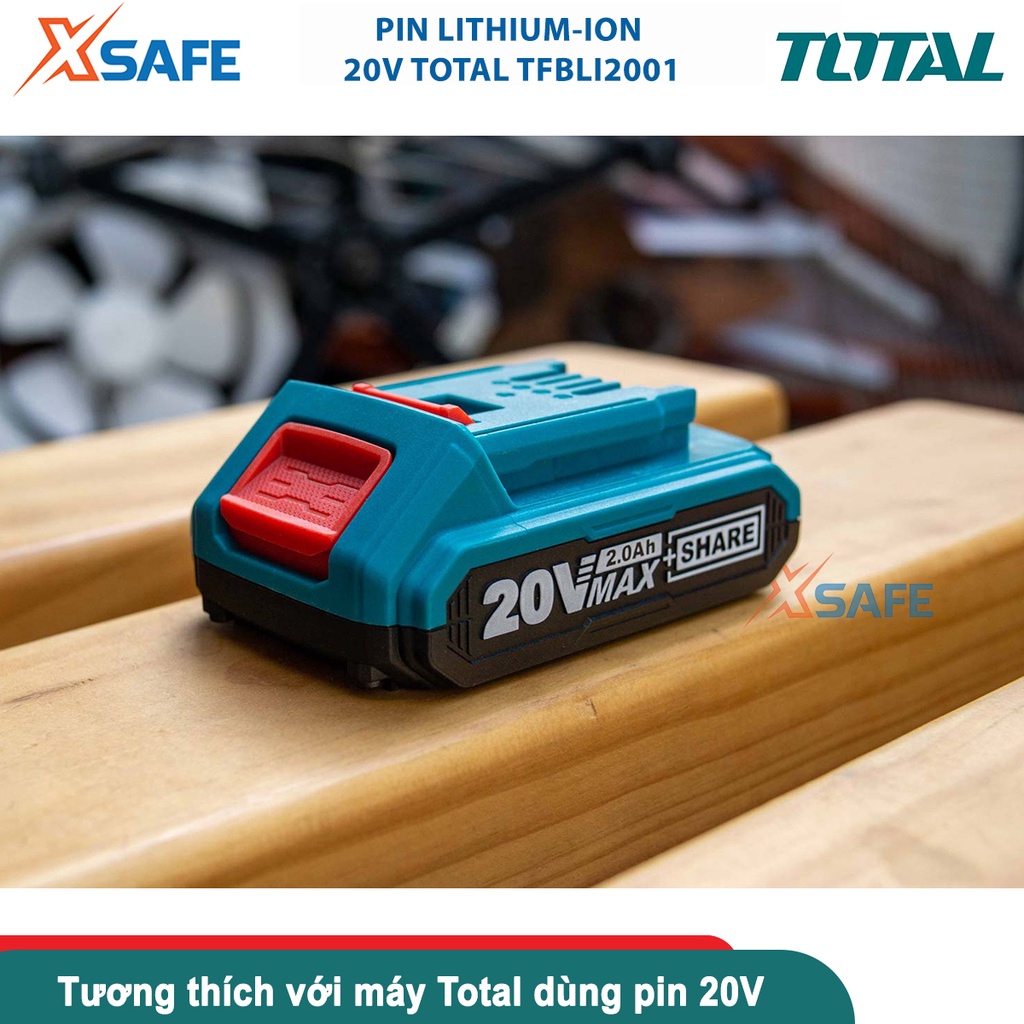 Pin Lithium-ion 20V TOTAL TFBLI2001/TFBLI2002, dung lượng 2-4Ah, đèn LED báo pin, tương thích nhiều dòng 20V TOTAL/INGCO