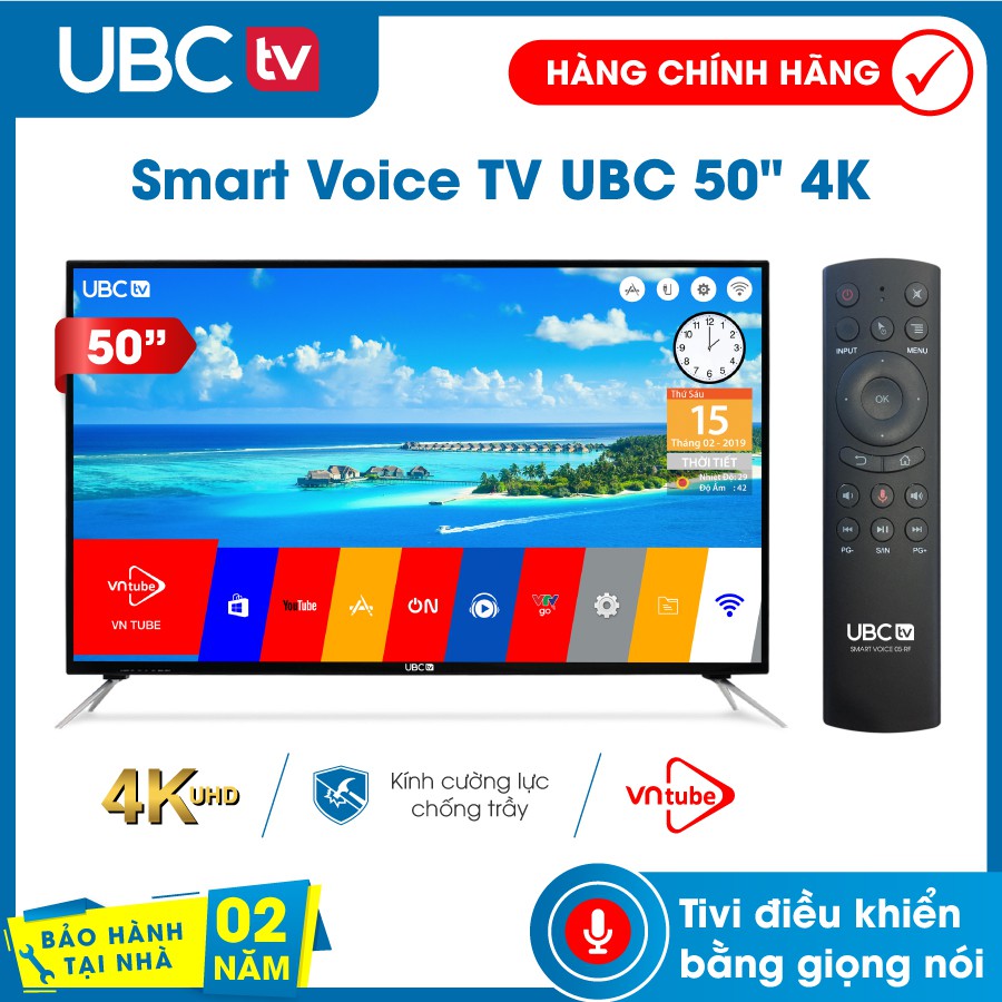 Smart tivi UBC 4K 50 inch Android tùy biến UX 8.1, tìm kiếm giọng nói (voice search), remote 2 in 1