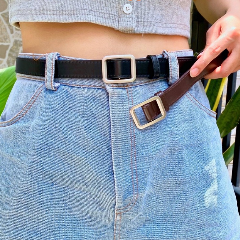 Thắt lưng nam nữ mặt chữ nhật, tròn BROO dây nịt lưng unisex bản nhỏ 2.3cm không lỗ bấm tiện lợi