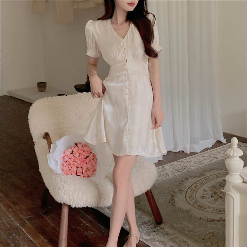 Đầm tay ngắn phồng cổ chữ V thời trang mùa hè xinh xắn dành cho nữ