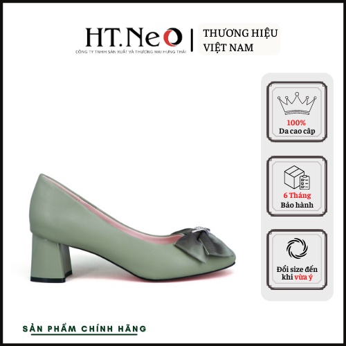 Giày cao gót vuông HT.NEO Thiết kế da bò thật mềm mại, gót cao đến 5cm, đính nơ vải nhẹ nhàng, thanh lịch CS239