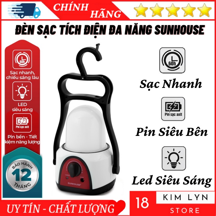 Đèn tích điện đa năng sunhouse  Đèn sáng liên tục trong 6h, tiết kiệm điện - Bảo hành 12 tháng