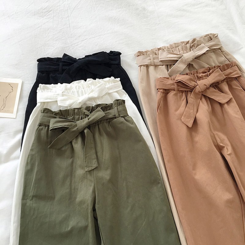 Women Harem Pants Mid Waist Elastic Drawstring Solid Color Straight Casual Long Nine Pants | BigBuy360 - bigbuy360.vn