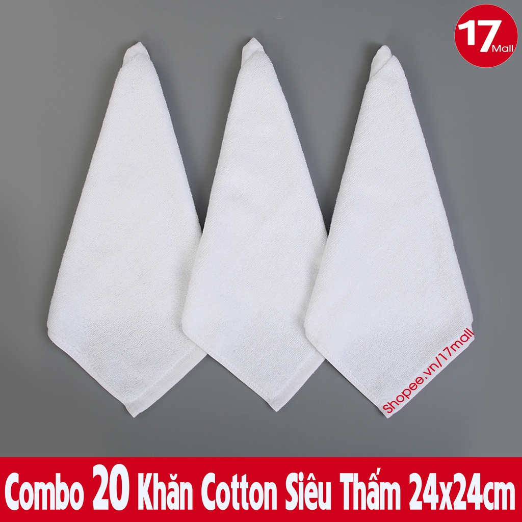 Combo 20 khăn trắng cotton 24x24 đa năng, khăn vuông lau bếp, xe ô tô, lau quán ăn, bệnh viện, spa, nail, trường học