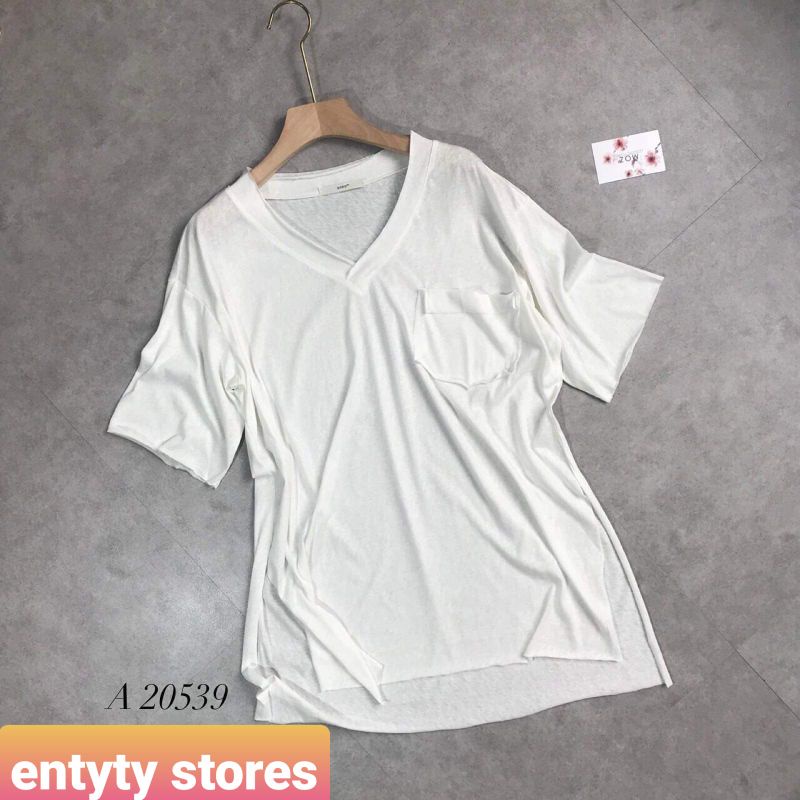 Áo cổ tim form rộng xẻ tà có túi cotton giấy kiểu mỏng mát