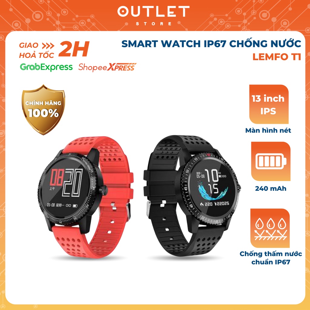 LEMFO T1 Smartwatch IP67 Không Thấm Nước Thiết Bị Đeo Theo Dõi Nhịp Tim Màu Hiển Thị Th