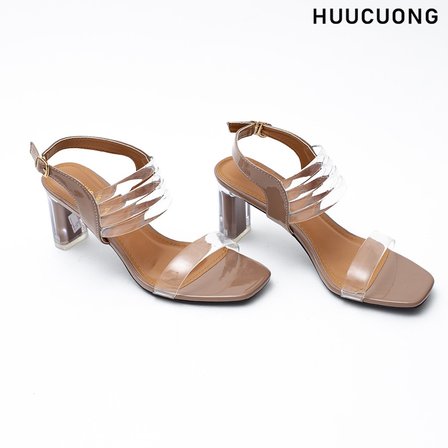 Giày Sandal Nữ Cao Gót Quai Ngang HUUCUONG Thời Trang Mũi Vuông Phối Mica Trong Suốt Cách Điệu - CG97