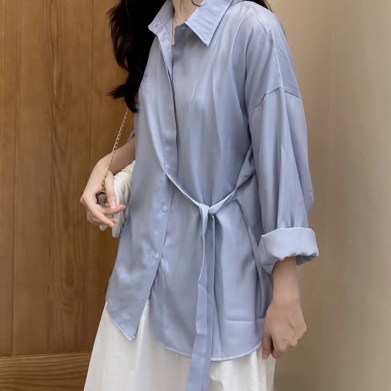 Áo sơ mi nữ lụa hàn form rộng kiểu buộc nơ eo dài tay màu trắng xanh be trơn xu hướng hàn quốc vintage 2022 Kozoda SM68