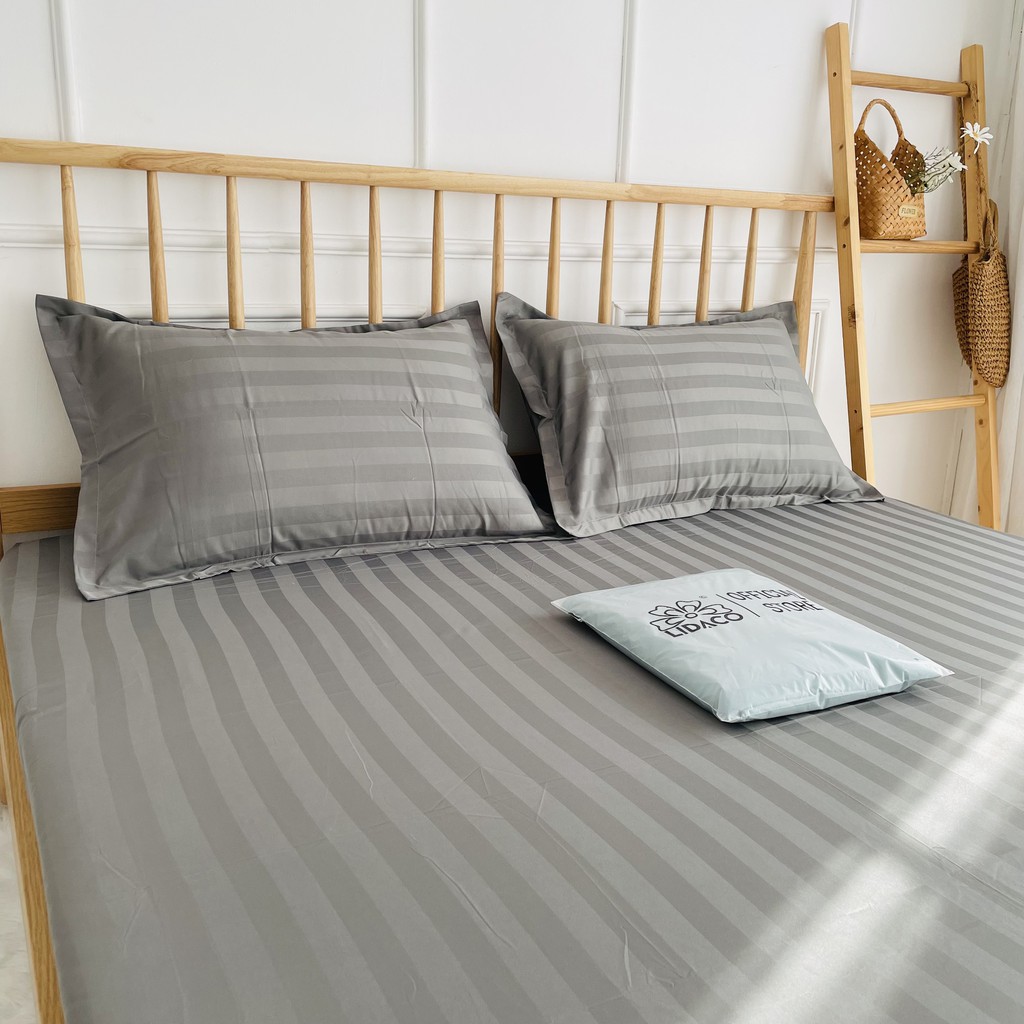 Bộ ga giường cotton kẻ sọc 3f LIDACO chuyên dùng khách sạn, homestay - Màu Ghi