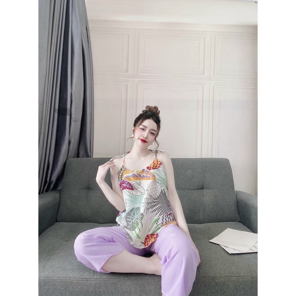 Bộ đồ ngủ mặc nhà CARY,set đồ ngủ áo 2 dây quần ngố suông vải lụa mềm mại